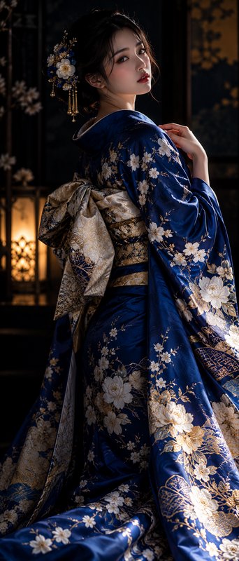 Young woman in an embroidered royal blue kimono looks over her shoulder in a dim traditional inte...