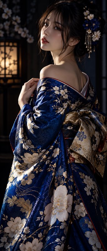 Young woman in an ornate blue floral kimono looks over her shoulder in dim warm cinematic lighting