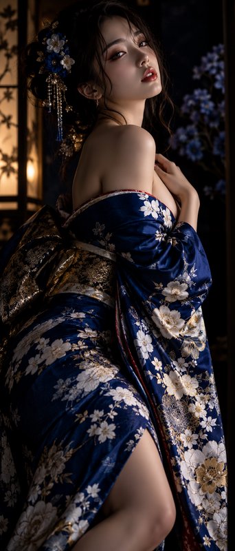 Elegant East Asian woman in a floral navy kimono poses moodily in a traditional dimly lit interior