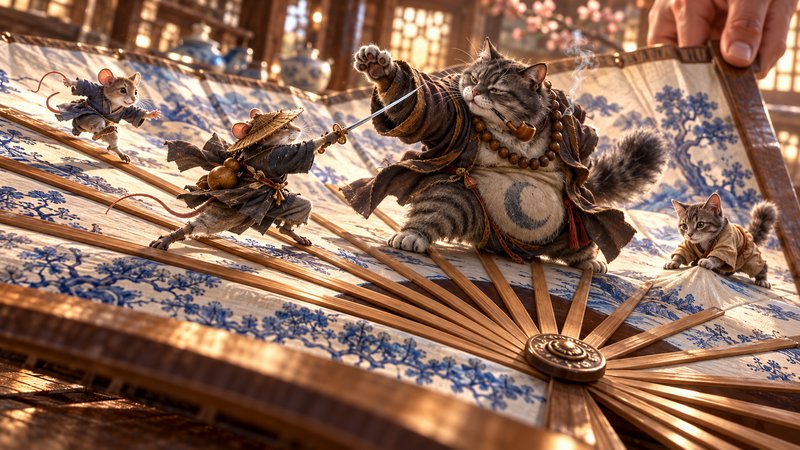 Anthropomorphic samurai mice duel a robed monk tabby cat perched atop a large decorative Japanese...