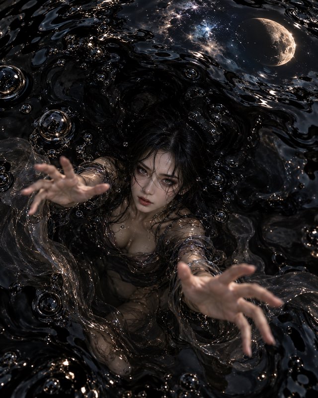 Ethereal dark-haired woman reaches toward the viewer while floating in dark starry water under a ...
