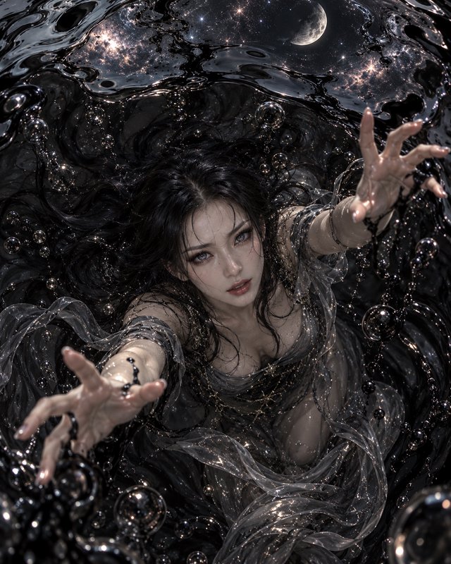 Ethereal dark-haired woman reaches toward the viewer from dark cosmic water beneath a crescent moon