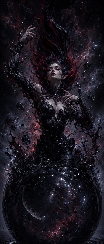 Dark fantasy elven sorceress rising from swirling inky liquid beside a cosmic orb against a starr...