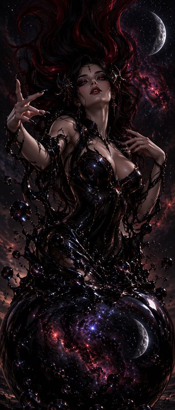 Dark gothic sorceress conjuring magic from glossy black cosmic liquid under a starry crescent moo...
