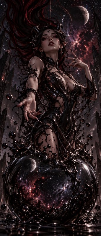 Horned dark fantasy sorceress conjures inky shadow magic around a cosmic heart under a starry cre...