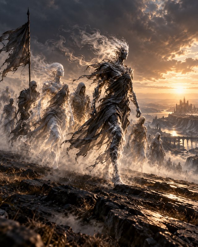 Ethereal ghost army marches across misty rocky terrain overlooking a fantasy kingdom at golden su...