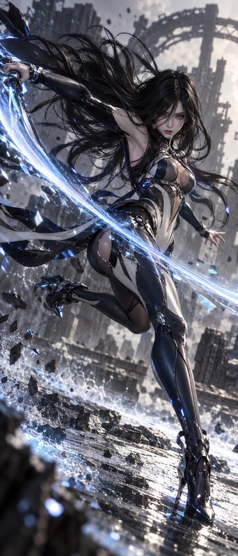 Female fantasy warrior swings glowing blue energy blade mid-battle above a wet ruined city battle...