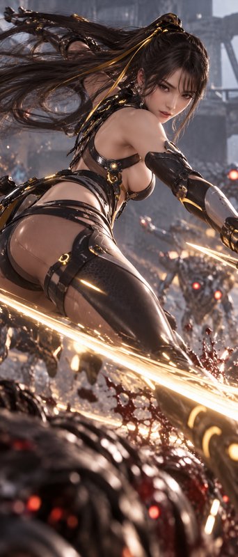 Fierce female sci-fi warrior swinging a glowing golden blade mid-combat against attacking robotic...