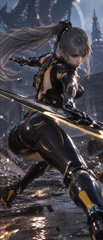 Gray haired futuristic female warrior in black cyber armor holds a glowing sword in a dynamic bat...