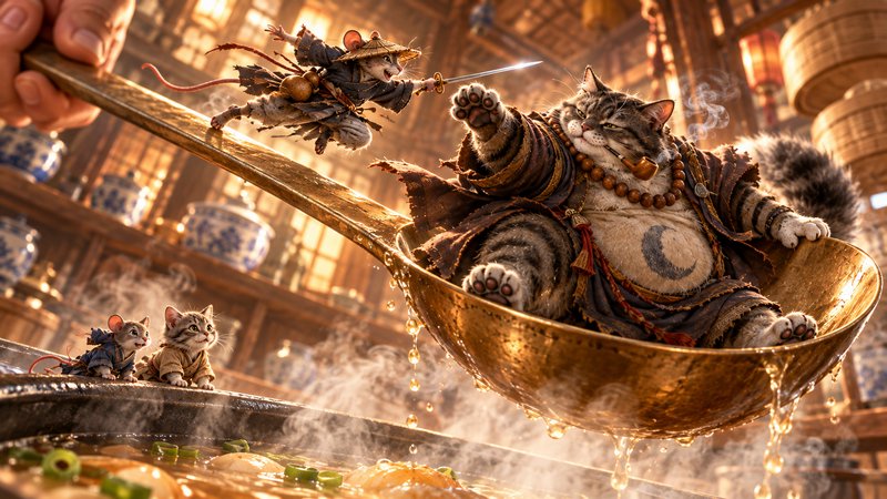Tiny samurai mouse battles a robed tabby cat monk seated in a giant brass ladle over a steaming h...