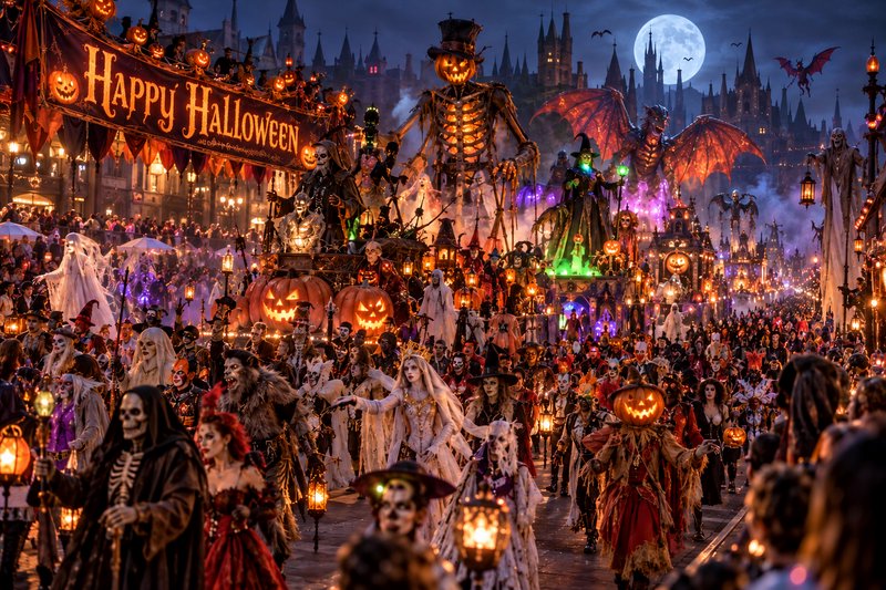 Elaborate Halloween parade with spooky floats, costumed attendees, and jack-o-lanterns fills a go...