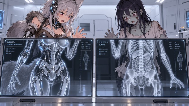 Two surprised anime monster girls view x-ray screens showing their anatomy inside a futuristic lab