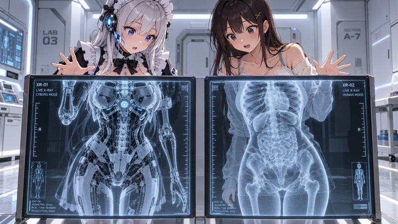 Two anime girls press against X-ray screens showing their cybernetic and human internal anatomy i...