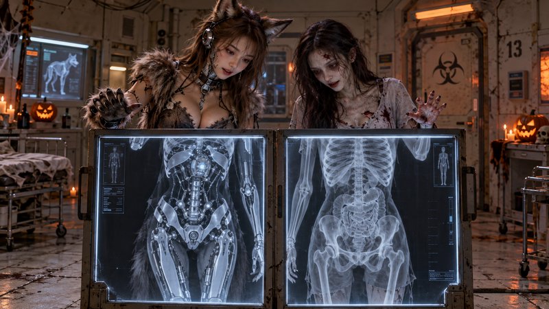 Two Halloween costumed women press against glowing x-ray panels showing their respective cyborg a...