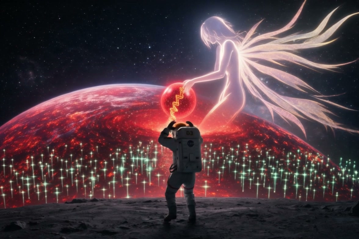 Astronaut on a rocky moon gazing at a glowing winged ethereal figure over a red, volcanic planet.