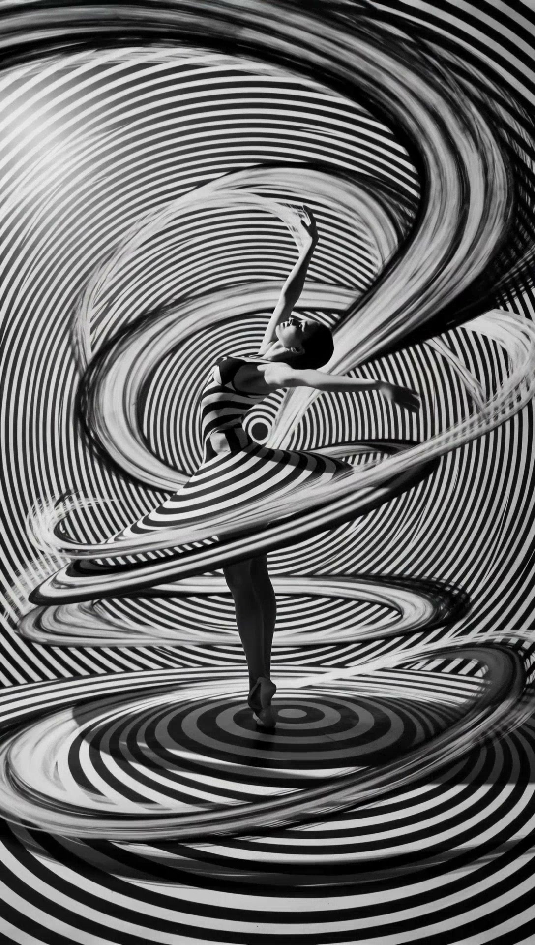 Ballet dancer spiraling through a black-and-white striped vortex.