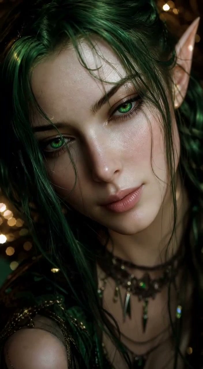 Close-up of an elf-like woman with green hair and emerald eyes.