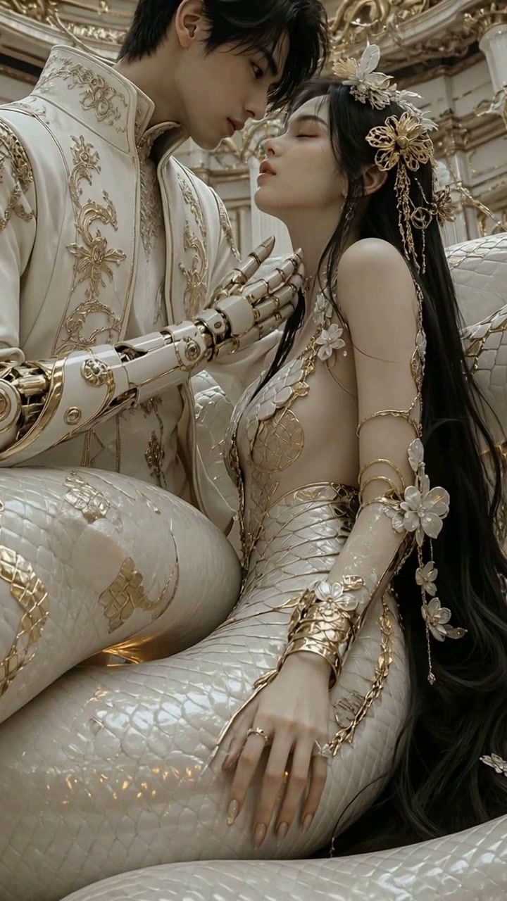 Couple in gold-embellished regal fantasy costumes; armored man and floral-haired woman share an i...