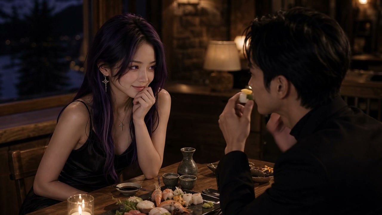 A romantic candlelit dinner on a wooden table with a man offering sushi to a woman with purple hair.