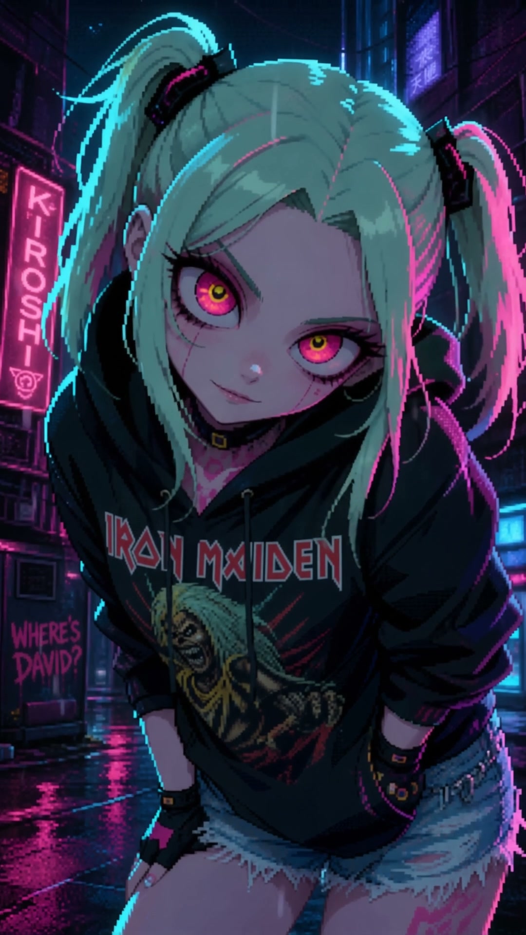 Neon-lit anime girl with teal hair and pink neon accents in a cyberpunk cityscape.
