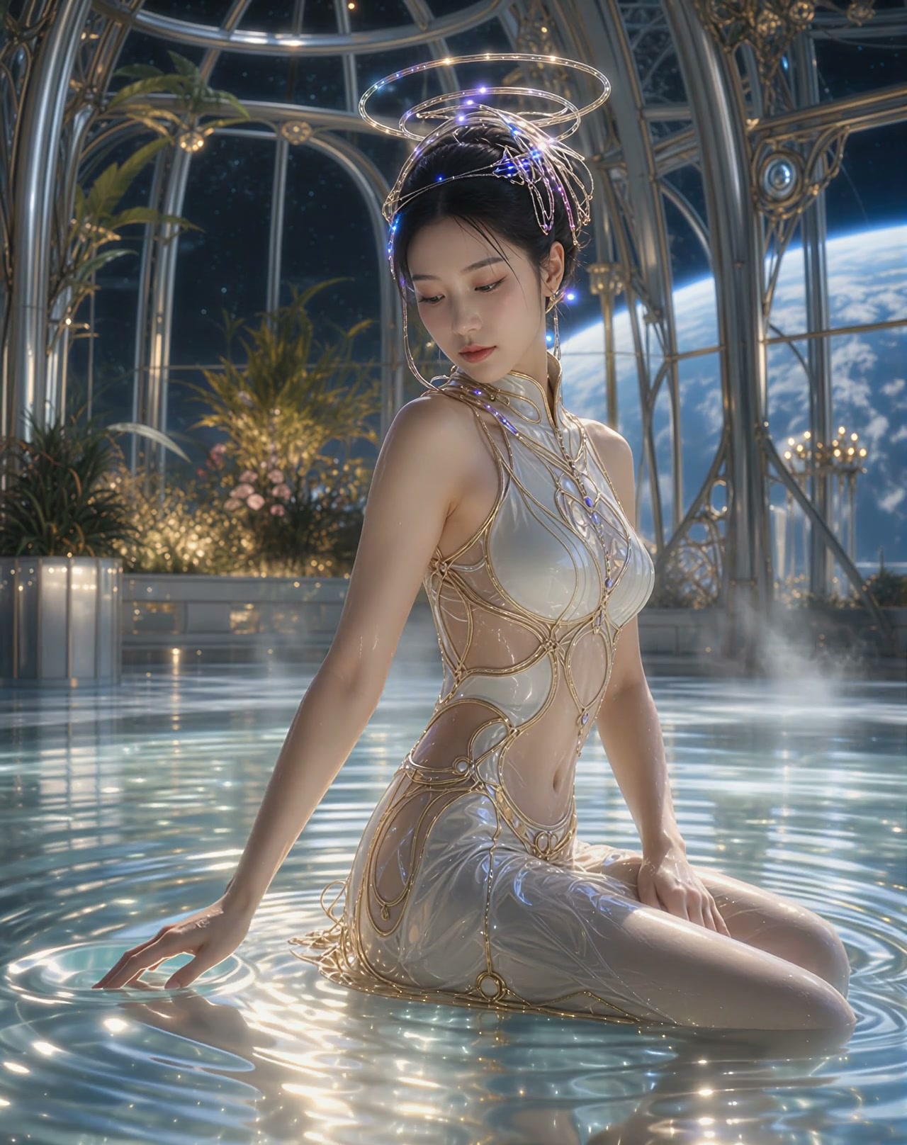 Woman in a futuristic metallic bodysuit with glowing halo rings in a glass-space garden
