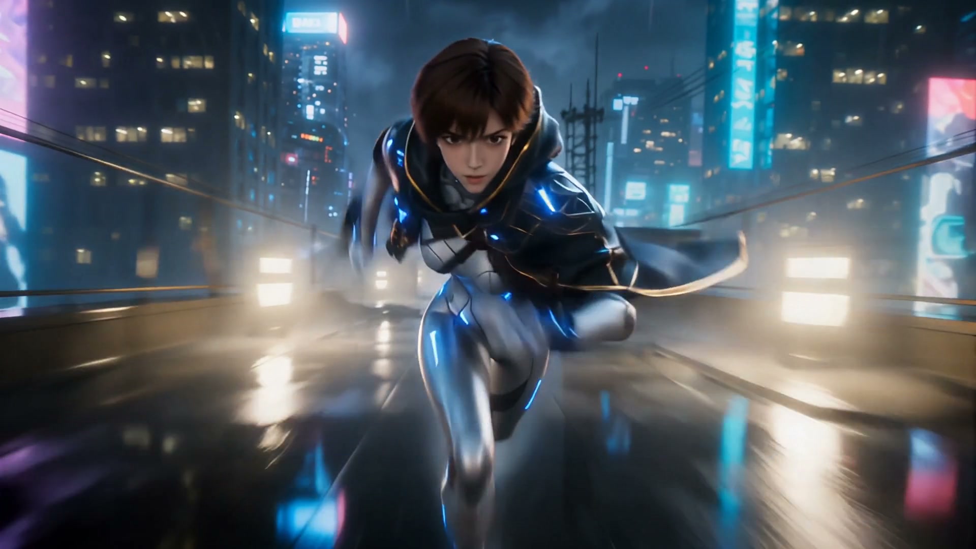 Futuristic armored character sprinting on a neon-lit city rooftop at night.