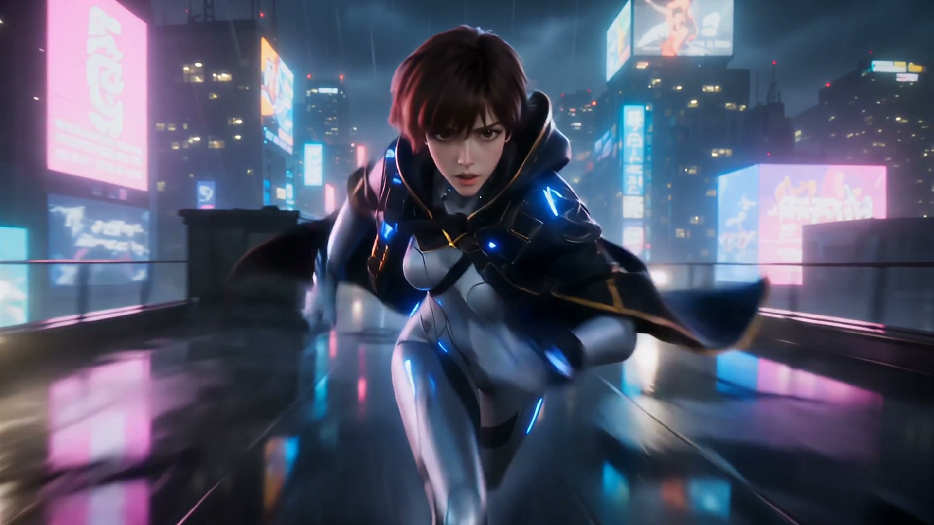 Futuristic female cyberpunk hero sprinting on a neon-lit city rooftop at night.
