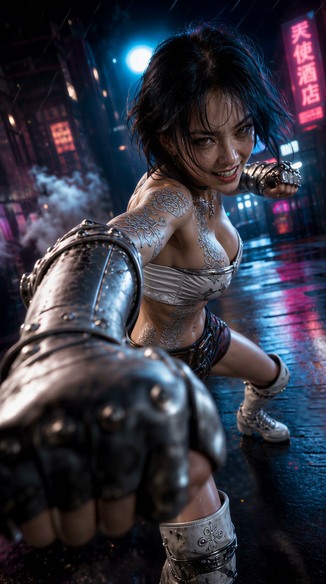 Action-packed female fighter in chrome armor delivering a punch in a neon-lit, rainy cityscape.