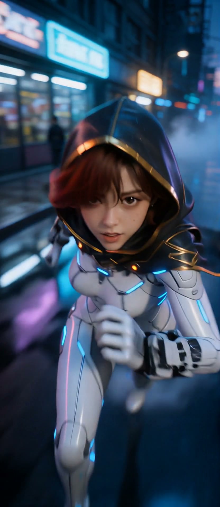 Female cosplayer in a glowing sci-fi suit with hood in a neon city street at night.