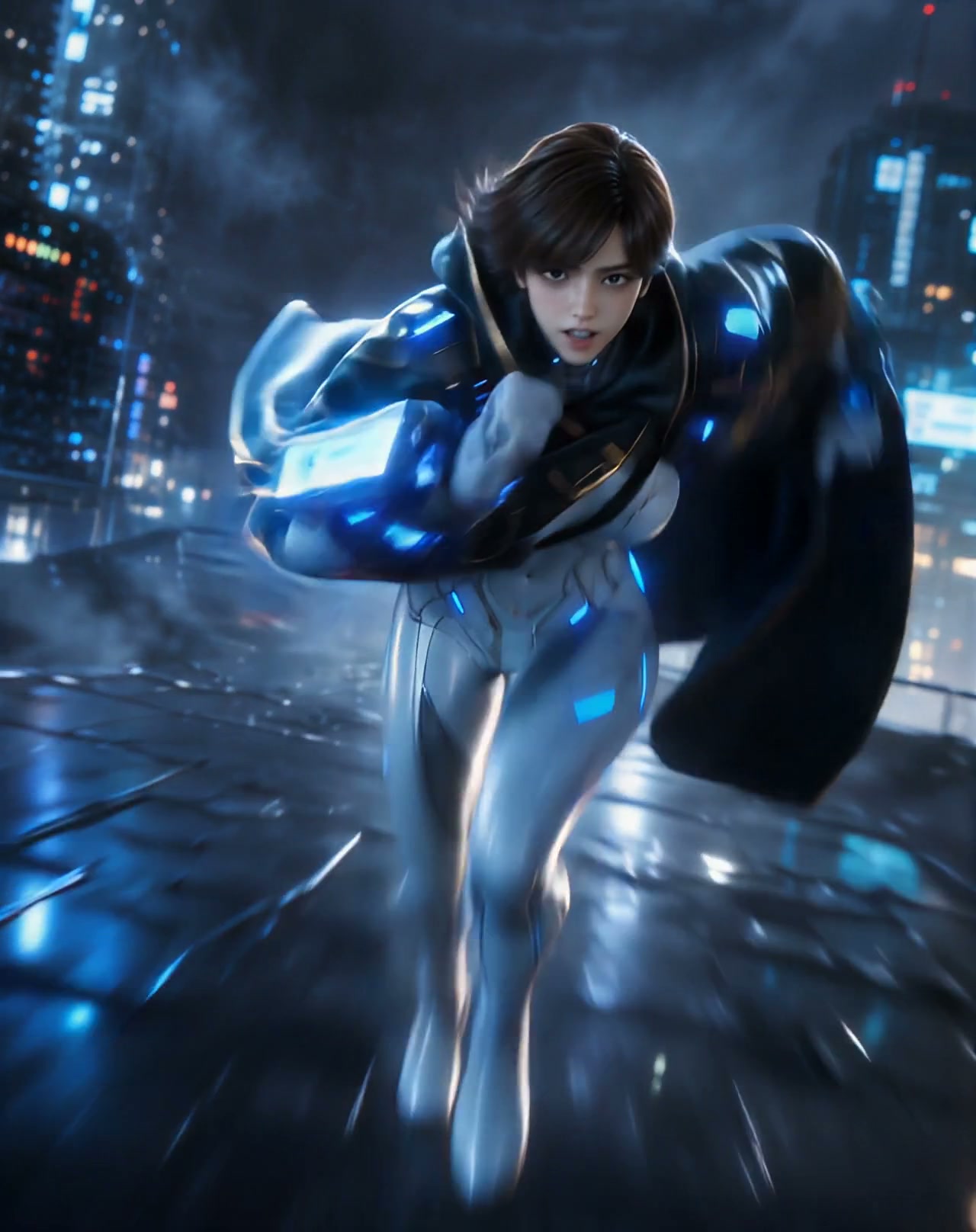 A cybernetic runner in a shiny blue-silver exo-suit sprinting through a neon-lit futuristic city.