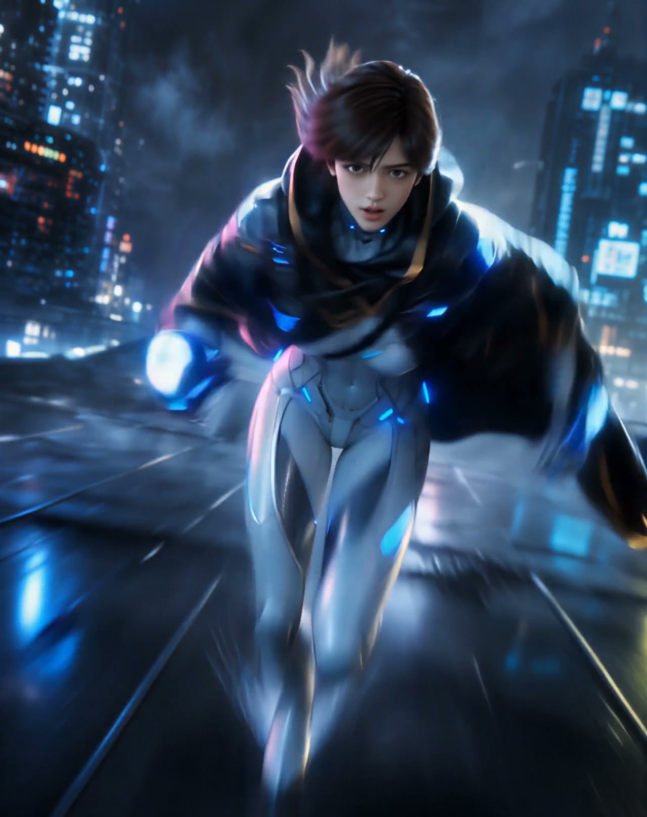 Futuristic runner in a glowing armored suit speeding through a neon city at night.