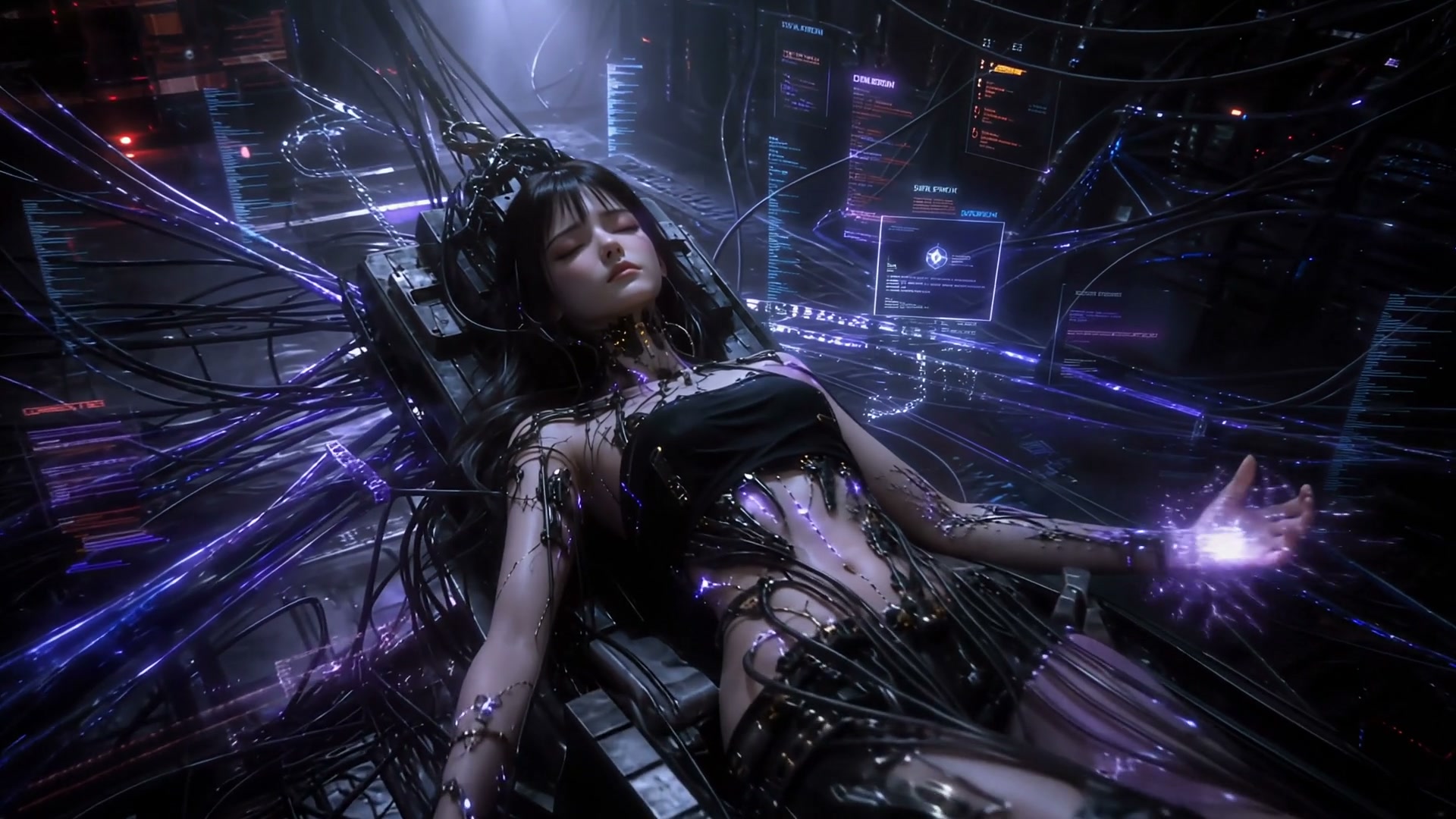 Futuristic cyborg woman in a data-filled chamber connected to neon cables