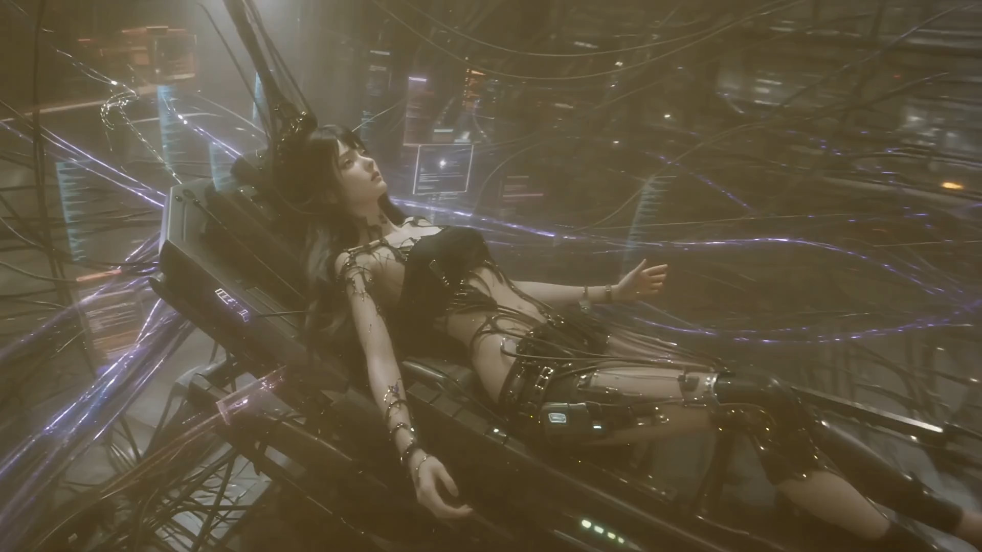 Person in a futuristic chair surrounded by glowing cables and holographic screens in a cyberpunk ...