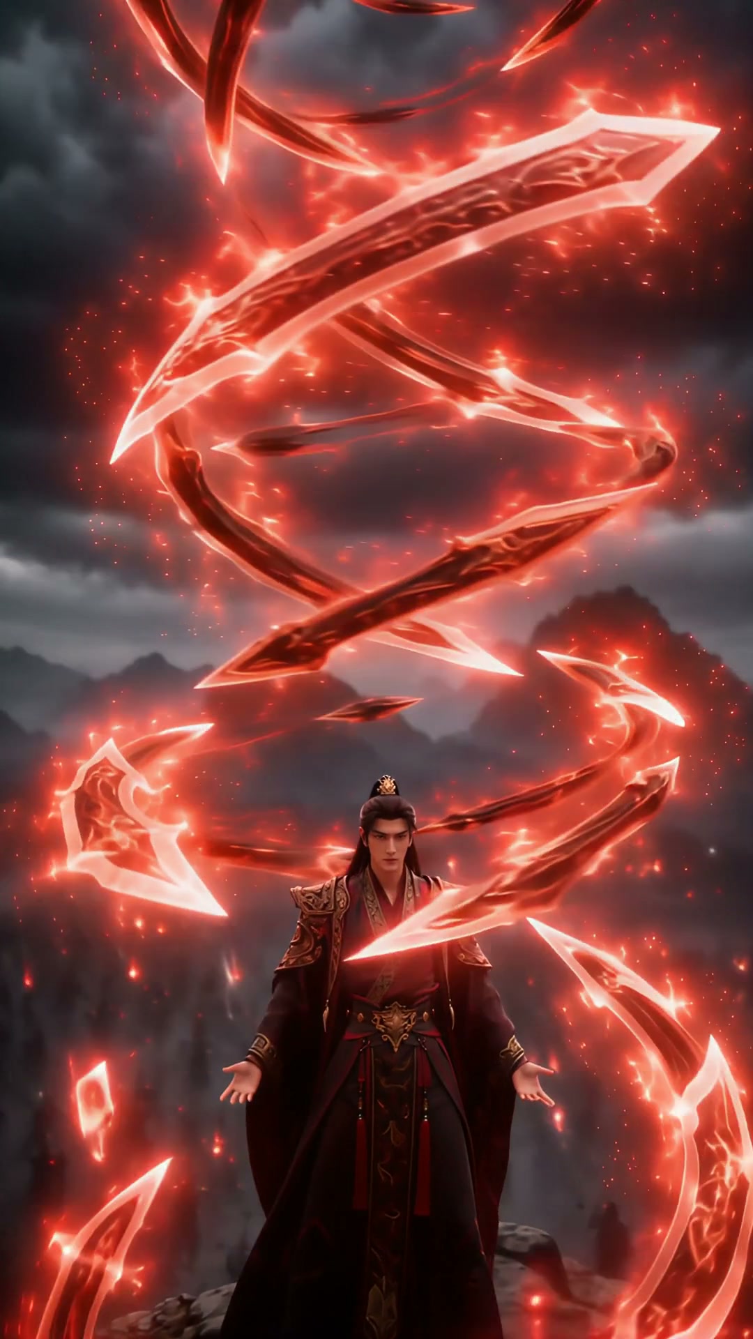 Male fantasy warrior in ornate robes surrounded by spiraling blazing red blades and energy.