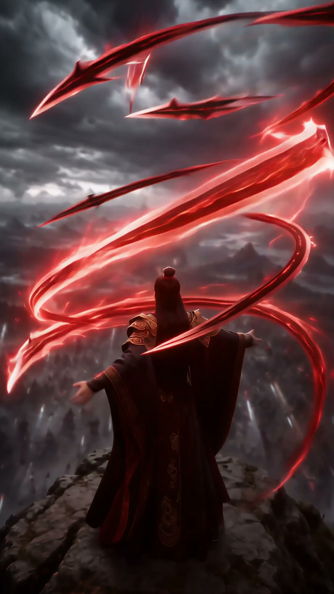 A dark-robed sorcerer stands on a rocky cliff as glowing red ribbons of energy swirl around them ...