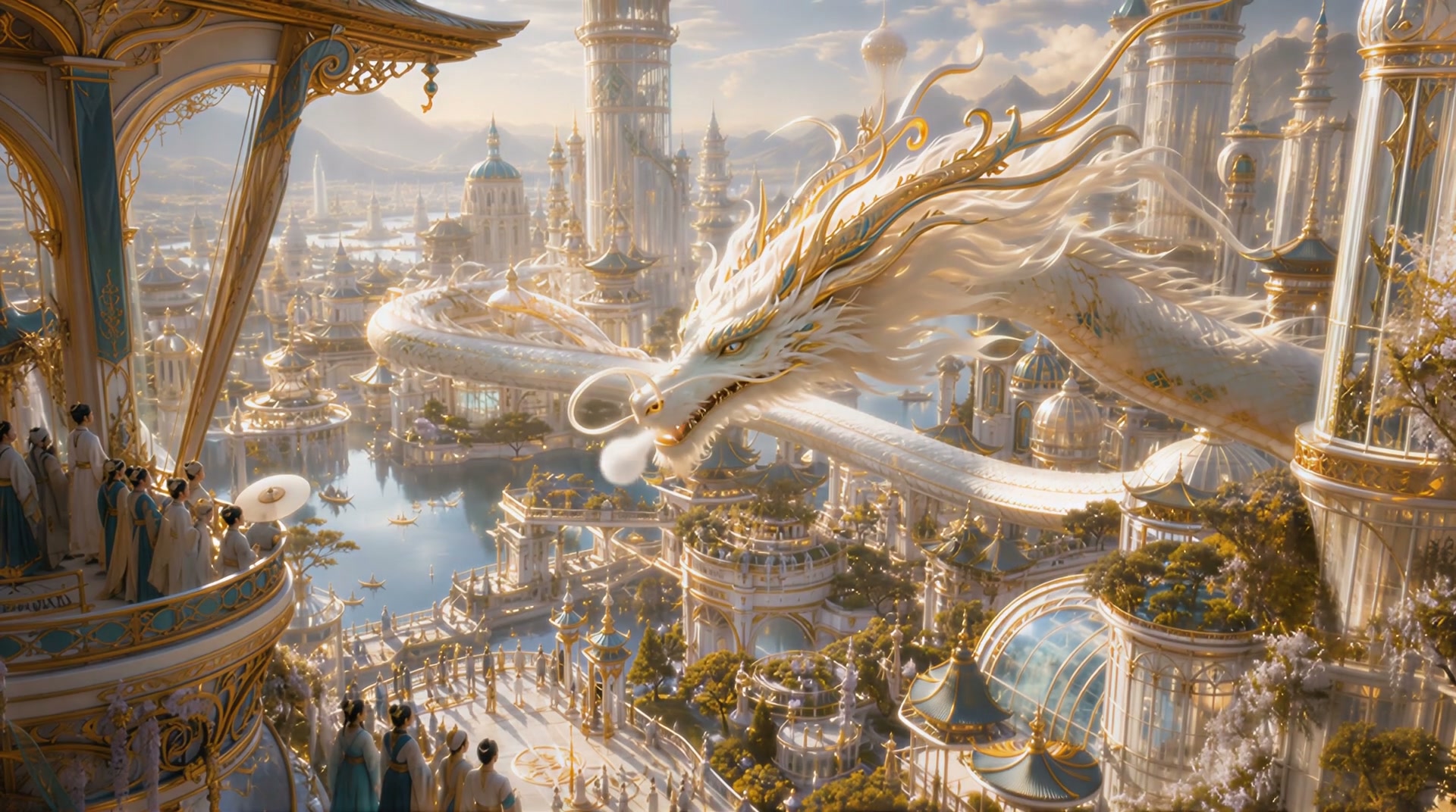 Intricate golden cityscape with a white dragon serpent flying over ornate terraces