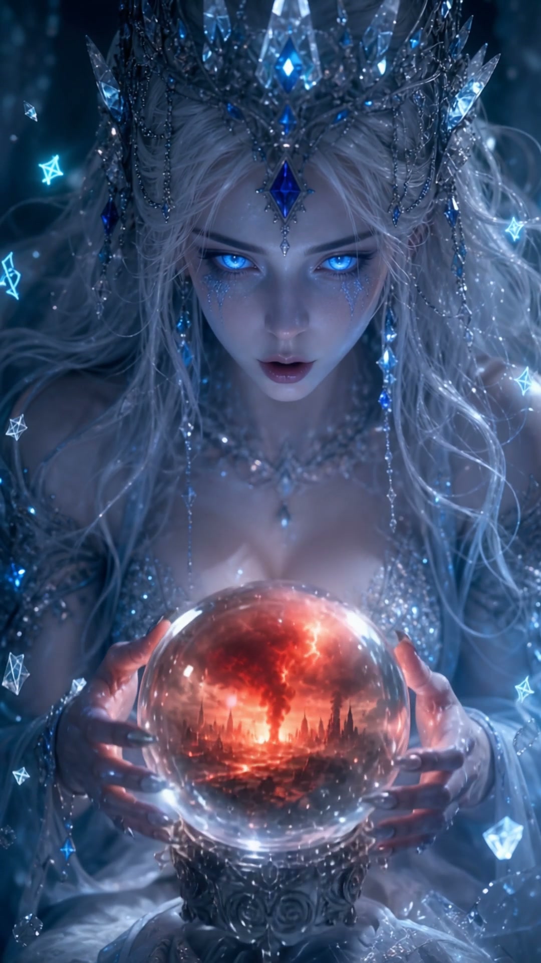 Glowing blue-eyed ice sorceress with a crystal crown holds a crystal ball showing a burning apoca...