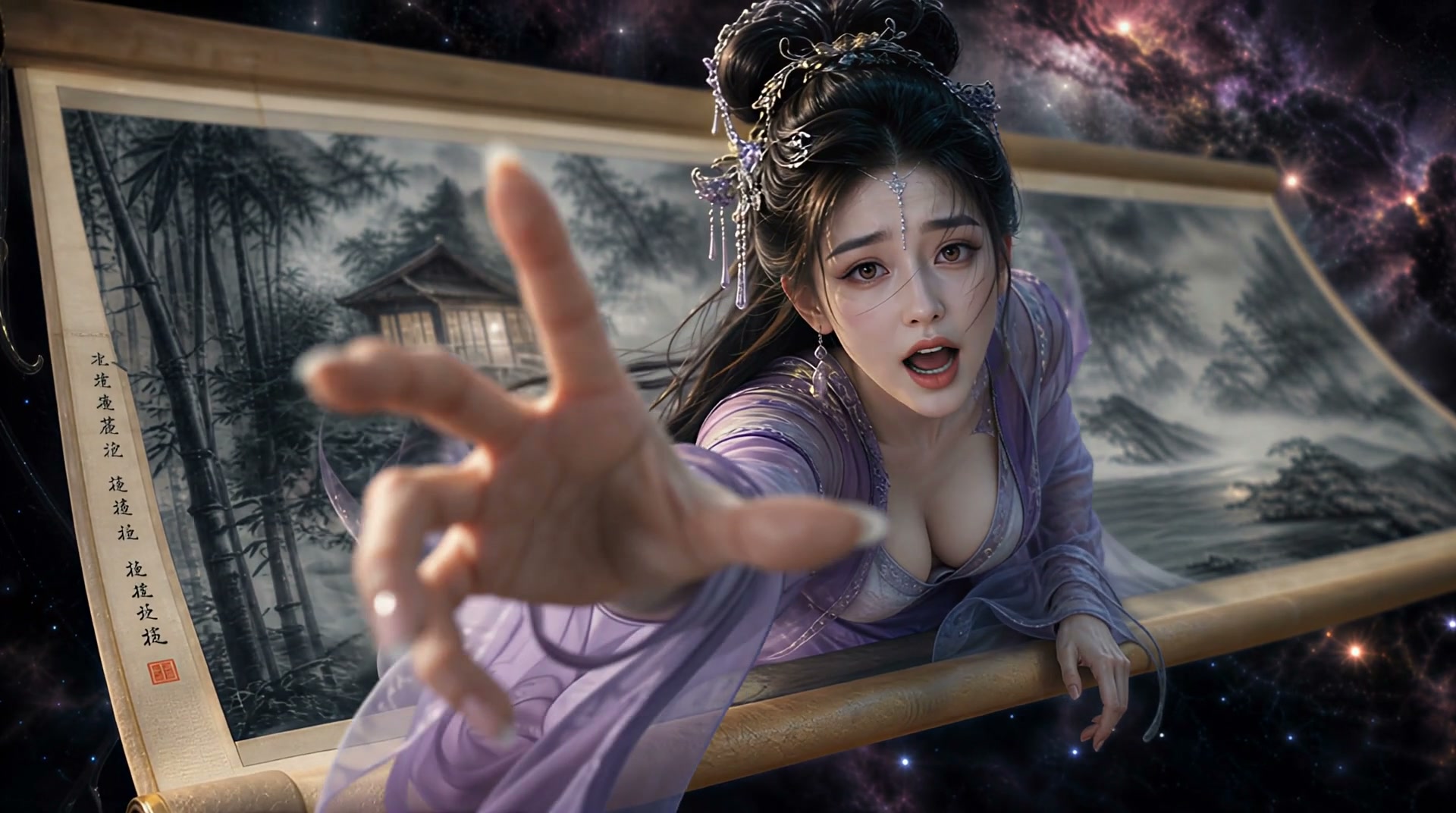 Fantasy Chinese woman in lavender hanfu reaches urgently out of an ink wash landscape scroll
