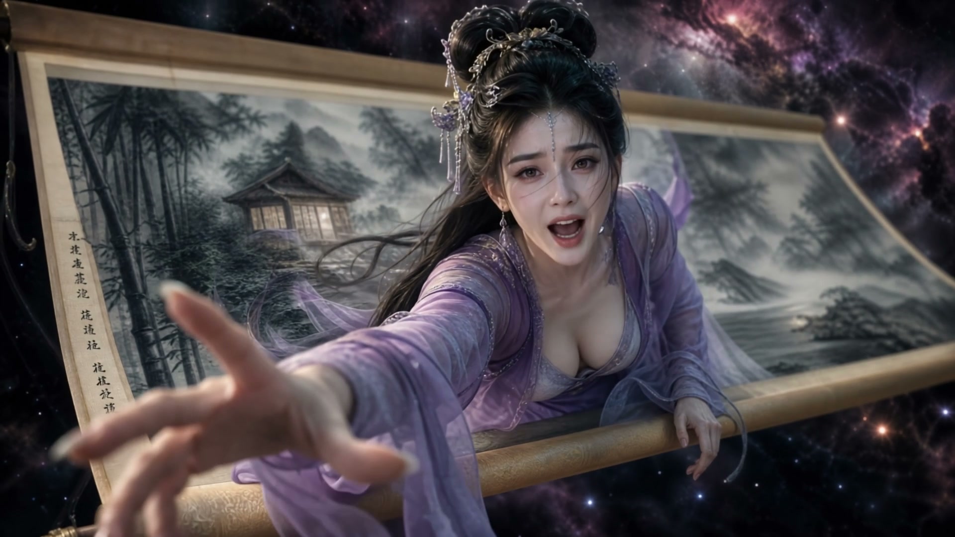 Distressed East Asian fantasy woman in lavender hanfu emerges from a scroll, reaching out against...
