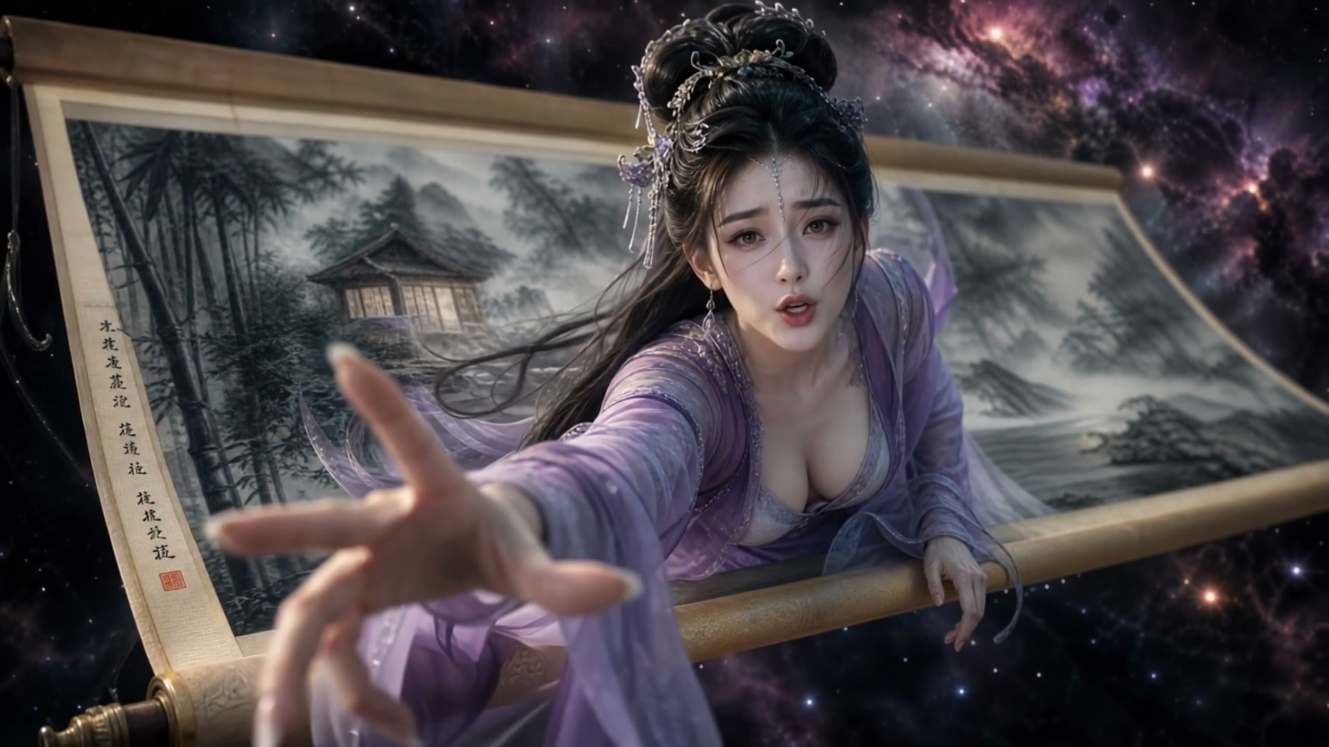 Fantasy xianxia woman in a lavender hanfu reaches out as she emerges from a traditional Chinese l...