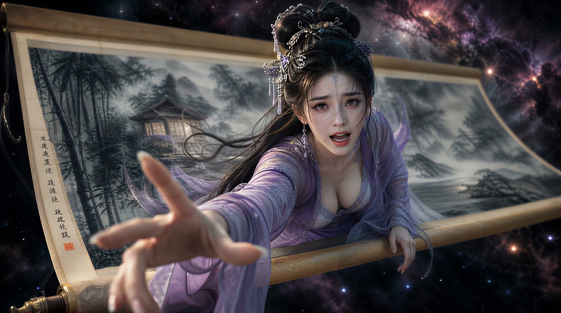Distressed East Asian fantasy woman in lavender hanfu emerging from a Chinese landscape scroll, r...