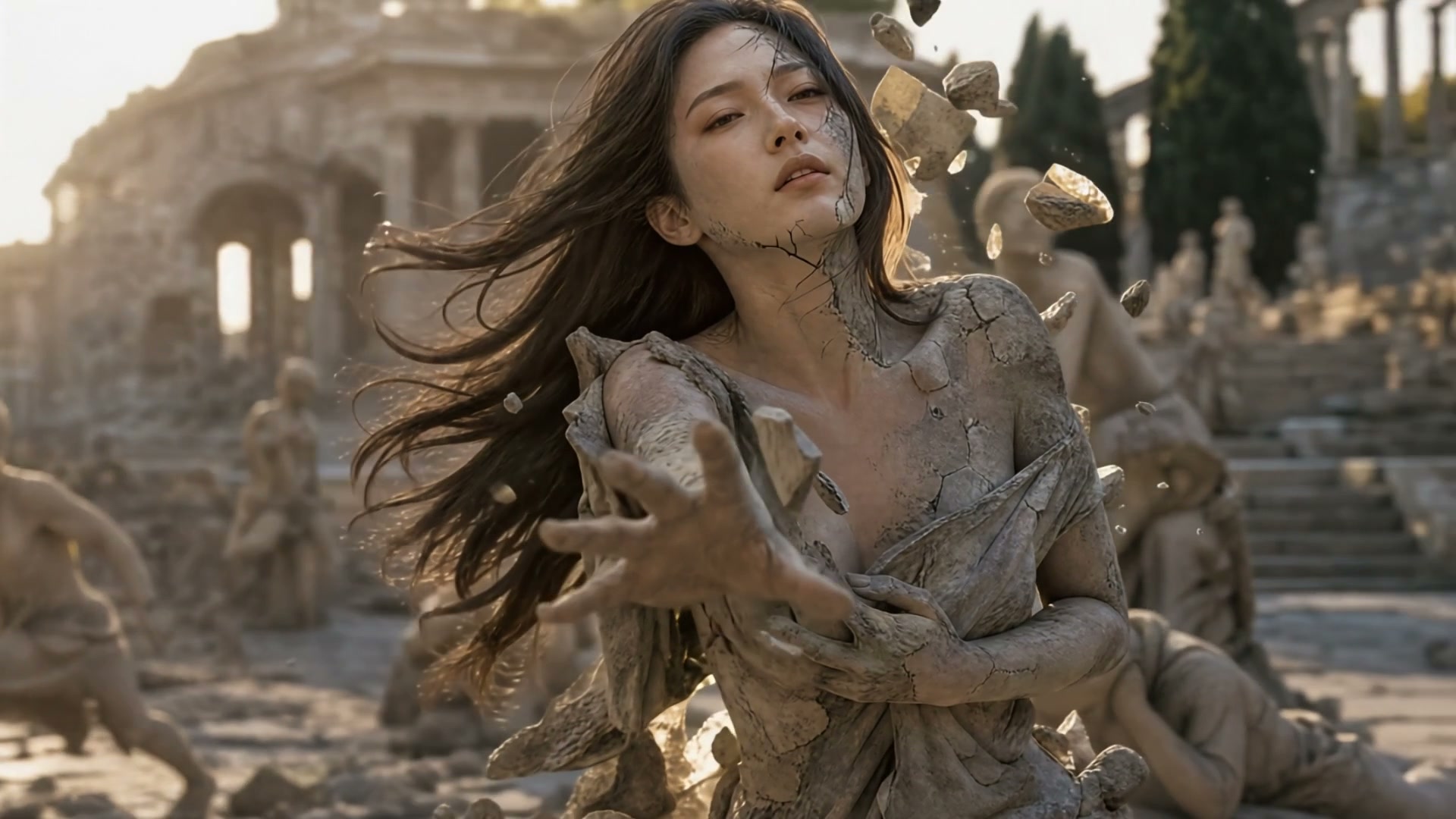Cracking, partially stone woman reaches outward, crumbling amid sunlit ancient Greco-Roman ruins ...