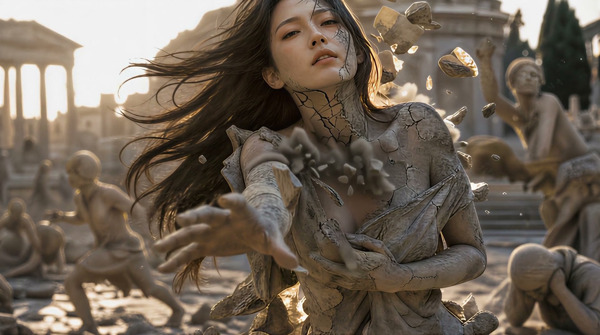 Cracking stone woman statue reaching out, crumbling among other weathered stone statues in sunlit...
