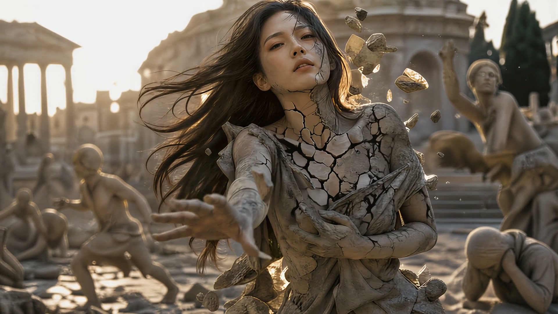 A cracked stone woman statue breaks apart and comes alive, reaching forward among ancient Greco-R...