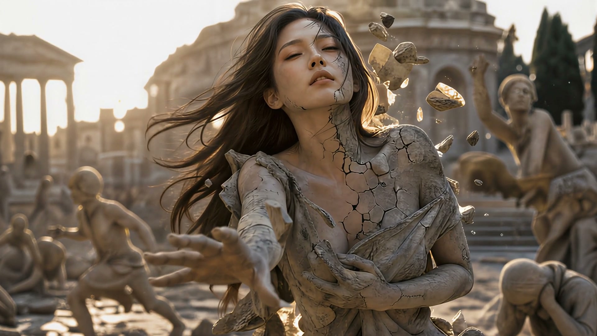 Cracking half-stone woman reaching forward, transforming among crumbling statues in ancient Greco...