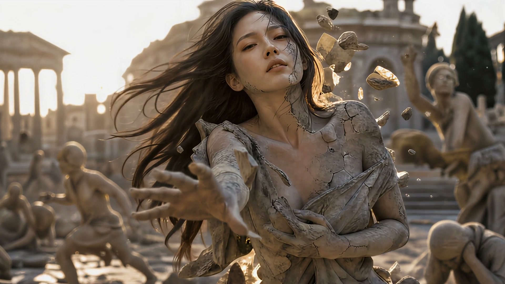 Cracking stone woman statue reaching out as she crumbles in ancient Greco-Roman ruins at golden h...