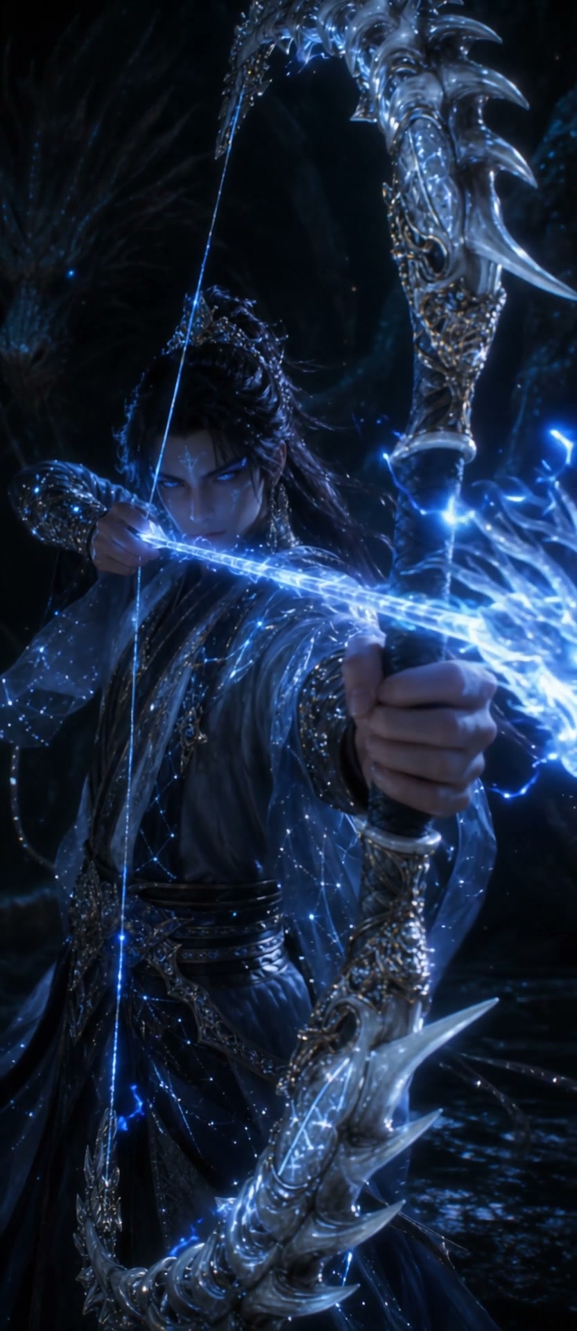 "Glowing-eyed xianxia fantasy archer draws an enchanted silver blue energy bow in a dark mystical...