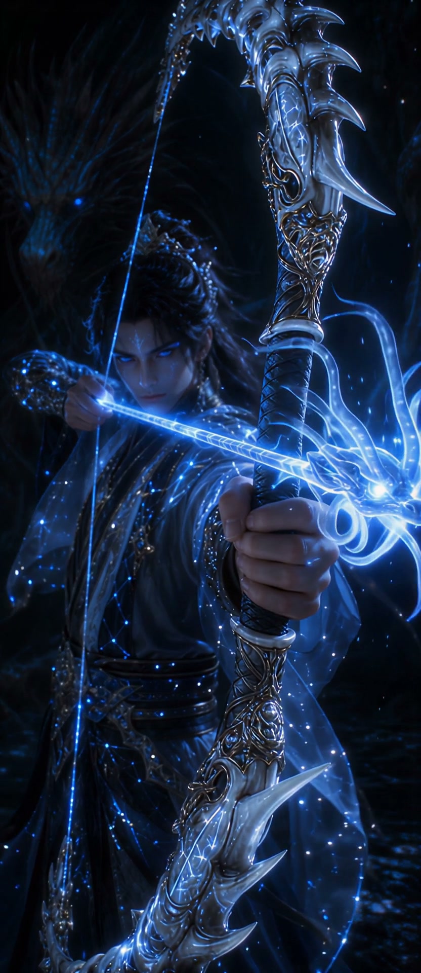 Fantasy xianxia warrior aims an ornate glowing blue dragon-themed bow, with a shadowed spirit bea...