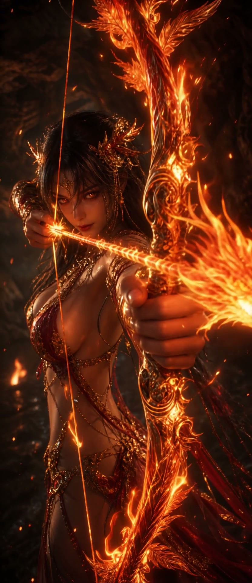 Fierce fantasy female archer aiming an ornate flaming magical bow, drawn glowing fire arrow, gild...