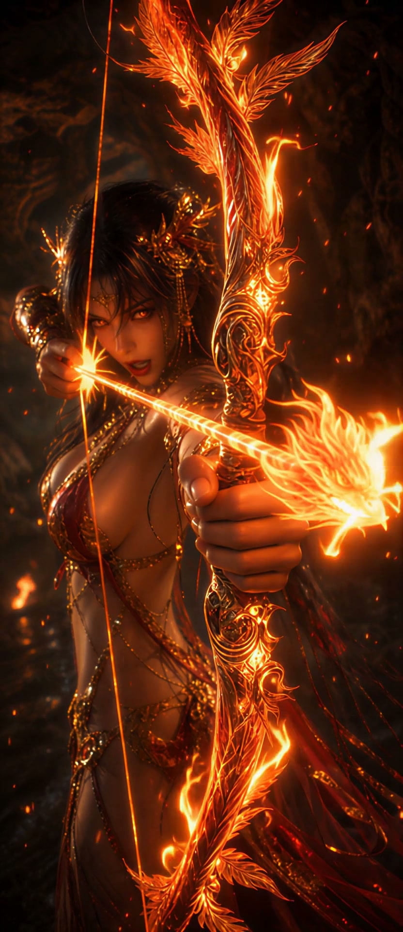 Fantasy female fire archer drawing an ornate flaming phoenix bow with a glowing fiery arrow aimed...